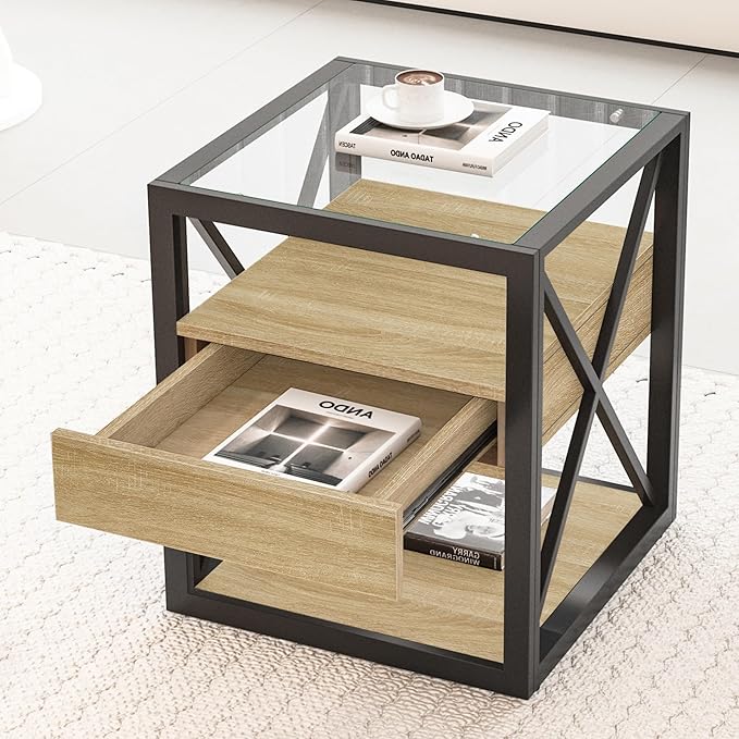 Farmhouse End Table Set of 2, Modern Side Table with Drawer&3-Tier Storage Shelf, Square Rustic Nightstand, Accent Tea Table, for Bedroom Office Living Room, Brown, Natural Wood, Glass, Metal