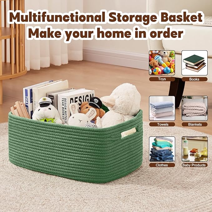 OIAHOMY Storage Basket for Shelves, Closet Cube Storage Bins Baskets for Clothes Blanket Towels, Baby Nursery, Toy Baskets Box, Woven Rope Basket, 17.72*12.99*7.87 IN, 2 Packs Olive Green