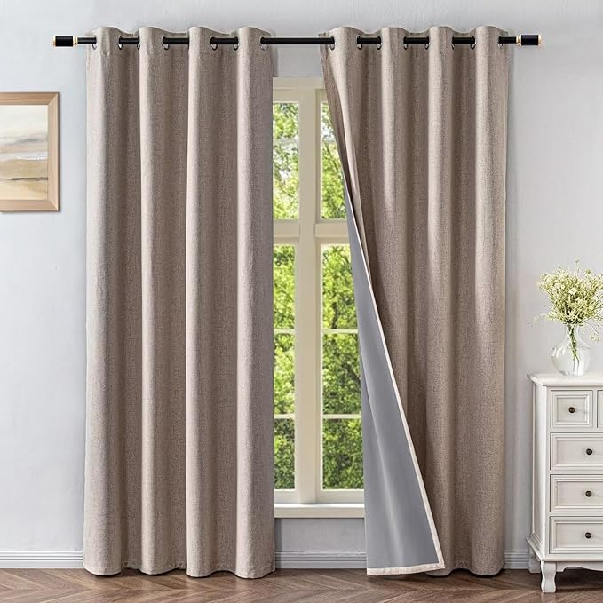 Blackout Curtains 84 Inch Length 2 Panels Set, 100% Black Out Textured Thermal Curtains, Grommet Privacy Light Blocking Drapes for Living Room Bedroom Luxury Decor(52W × 72L inch, Beige)