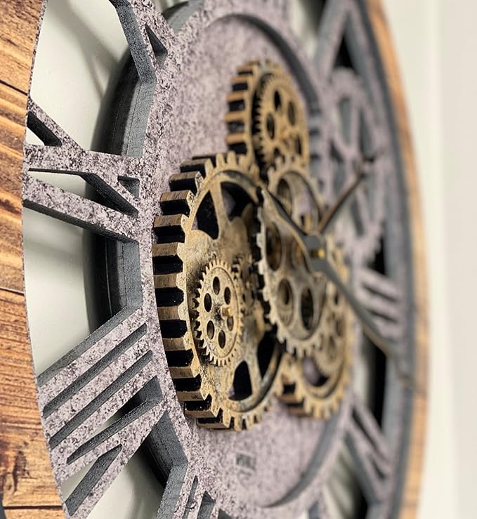 The Gears Clock The Original Real Moving Gear Wall Clock Vintage Industrial Oversized Rustic Farmhouse (24 inch (60cm),Wood&Stone)