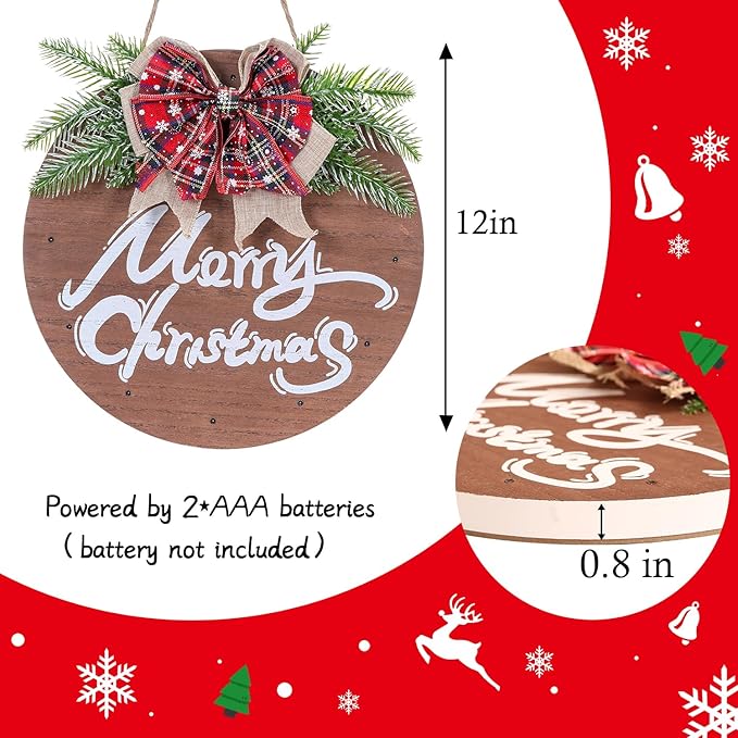 HOMCDALY Merry Christmas Sign for Front Door, Wooden Hanging Sign Door Decoration with 12 LED Light, Winter Welcome Wreath indoor outdoor Décor, Christmas Decoration.