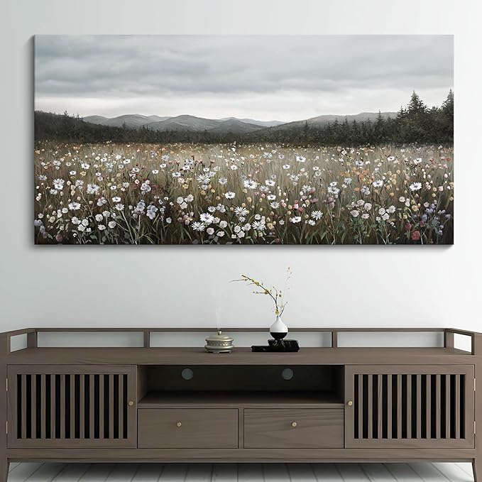 HGUAOA Vintage Landscape Wall Art for Bedroom and Living Room - Large Floral Artworks Farmhouse Wall Decor - Framed Neutral Nature Pictures - Above Bed Wall Decor with Mountain Scenery 29×58IN