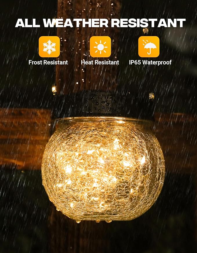 PARTPHONER Solar Lantern Solar Lights Outdoor Waterproof 2-Pack, Solar Powered Hanging Lights Cracked Glass Hanging Globes for Christmas Decoration, Shepherd Hook, Garden Tree Ornaments