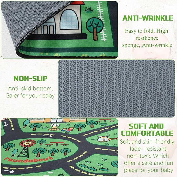 Kids Carpet Playmat Rug 4 x 6 ft Player Car Rug, City Life Traffic Road Map Mat Educational Game Area Mat for Toddler Children Playroom Classroom Bedroom(Green)