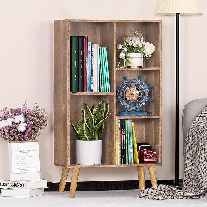 5 Cube Small Bookshelf - 3 Tier Mid-Century Modern with Legs