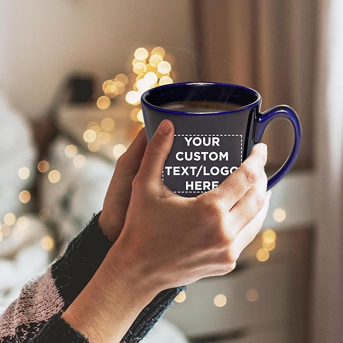 DISCOUNT PROMOS Custom Glossy Ceramic Latte Coffee Mug 12 oz. Set of 10, Personalized Bulk Pack - Perfect for Tea, Espresso, Cappuccino, Hot Cocoa - Blue
