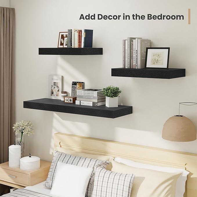 Heimlove 12" Deep Floating Shelves, 36 x 12 Inch Wall Mounted Long Floating Shelf with Invisible Brackets, for Home Decor, Bedroom, Kitchen, Living Room, Bathroom - 2 Pack, Black