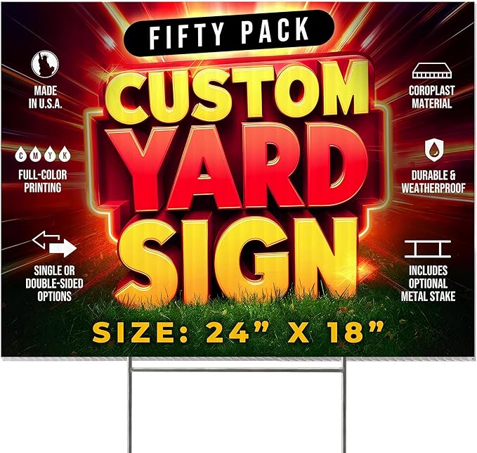 50 Pack 24"x18" Custom Yard Signs with Stakes, Personalized Yard Signs for Outdoors, Customized Full Color Print Corrugated Signs for Business