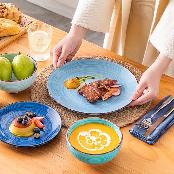 vancasso Bonita Dinnerware Set Blue Stoneware 18 Pieces Service for 4, Handpainted Spirals Pattern Stoneware Plates and Bowls Set