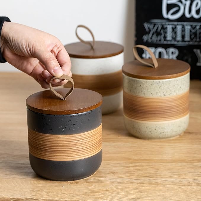 Small Ceramic Jar with Lid, Coffee Container Kitchen Food Storage Jars for Spice Sugar Tea Bag Matcha Container Airtight, Stacairtightkable Decorative Jars for Countertop, Black & 5oz