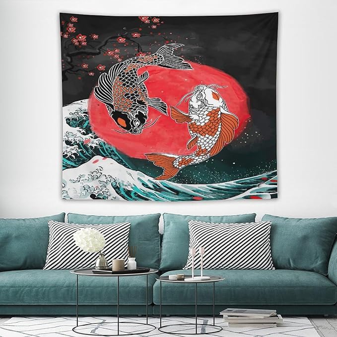 Houselerax Koi Fish Tapestries,Japanese Style Yin Yang Big Wave Cherry Blossoms Tapestry Wall Hanging for Bedroom Living Room Office Decor 60"x50"