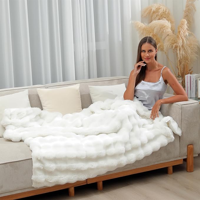 RYNGHIPY Faux Fur Throw Blanket Double Sided Thick and Warm Plush Fluffy Faux Rabbit Fur Decoration for Couch Sofa Chair and Bed Cream Winter Blanket (Ivory, 51''x63'')