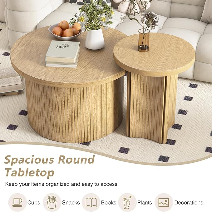Set of 2 Nesting Coffee Tables Farmhouse,Round Coffee Table Living Room,Wood Finish Coffee Table Set, Small Coffee Tables, Sofa Side Living Room Bedroom Coffee Side Table (Large Size - Set)