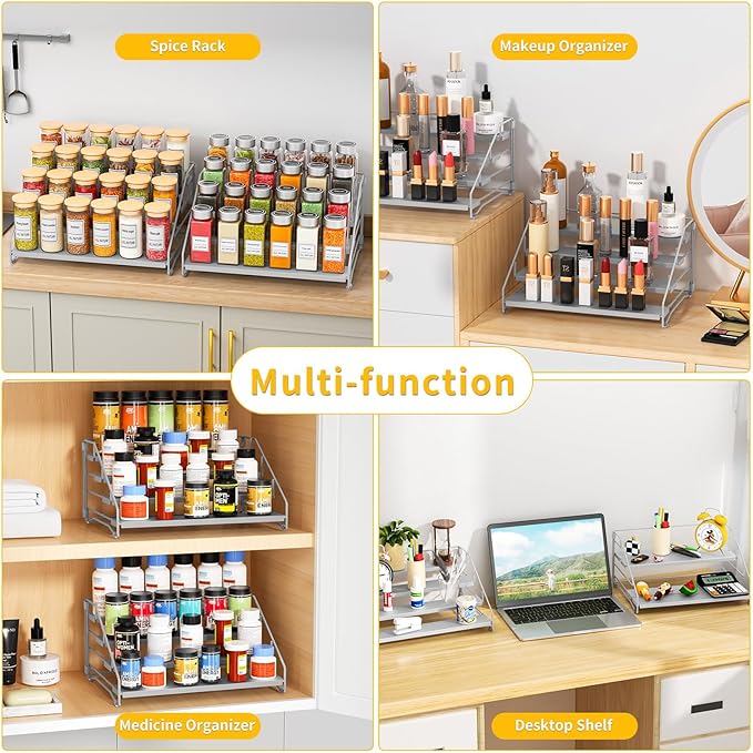 RCHYFEED 4 Tier Spice Rack Organizer, Spice Organization for Cabinet,Pantry, Countertop,Tiered Spice Rack Easy Visibility,Depth Expandable Seasoning Shelf for Kitchen Cabinet Organizer,Silver,2 PACK