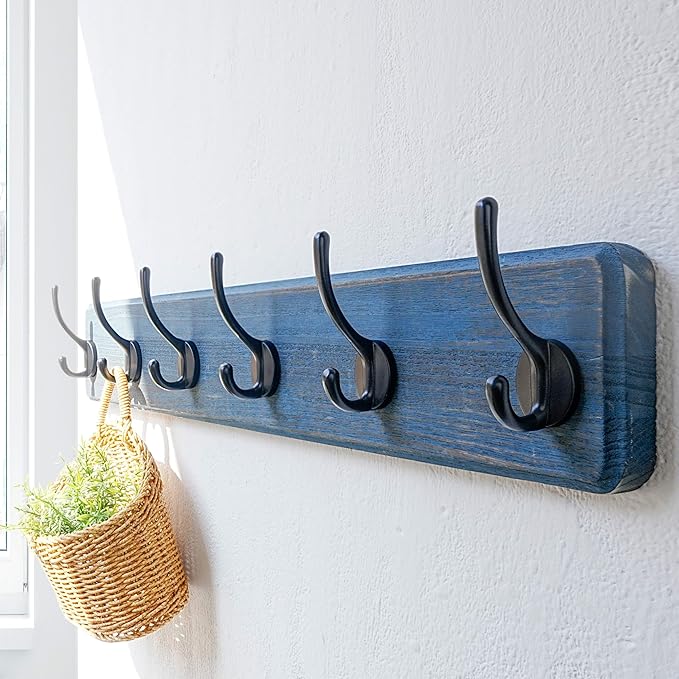 Dseap Coat Rack Wall: 24" Long, Patented, Heavy-Duty, 6-Double-Hooks Wooden Wall Mounted Coat Rack Coat Hanger Hook Rail for Winter Coats Hat Jacket Clothing, Weathered Blue