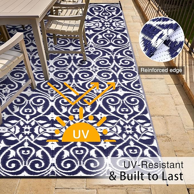 OLANLY Outdoor Rug Waterproof 8x10 ft Clearance, Reversible Outdoor Plastic Straw Rug with Floral Pattern, RV Mat for Patio, Camping, Balcony, Deck, Backyard, Navy & White