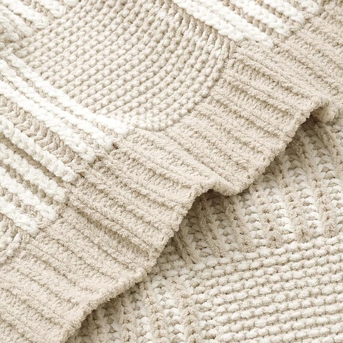 Amélie Home Chenille Knit Throw Blanket for Couch, Checkered Texture Decorative Soft Blanket for Sofa, Bed & Living Room, 50"x60", Khaki & White