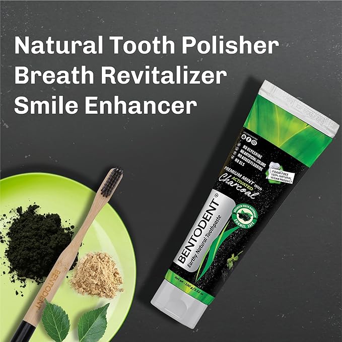 BENTODENT Fluoride Free Organic Charcoal Toothpaste with Bentonite Clay for Teeth Whitening- Natural Sensitive Teeth Whitening Toothpaste, Vegan, Travel