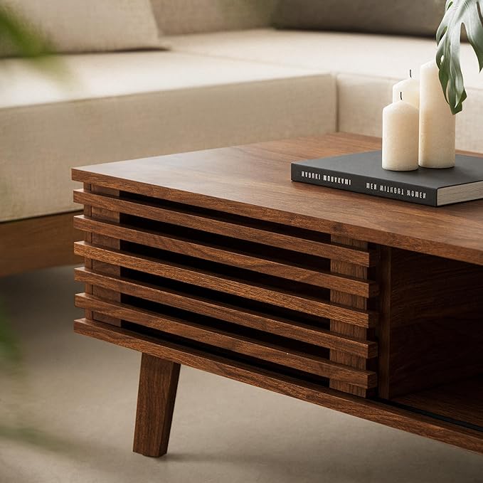 Mid Century Coffee Table with Storage & Sliding Fence Door, Modern Coffee Tables for Living Room, Walnut Finish