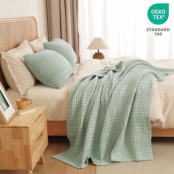 PHF 100% Cotton Waffle Weave Throw Blanket, Soft Lightweight Breathable Cozy Summer Throws for Couch Bed Sofa, Luxury Aesthetic Woven Blanket for Home Decor & Office, 50"x60", Sage Green