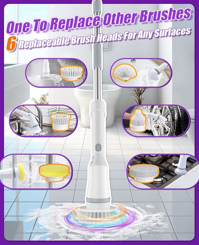Electric Spin Scrubber, Cordless Shower Scrubber Rotary Floor Brushes & Pad Drivers with 6 Brush Heads - 2H Dual Speed, IPX7 Waterproof Extension Handle for Bathroom Tile Car Cleaning (White)