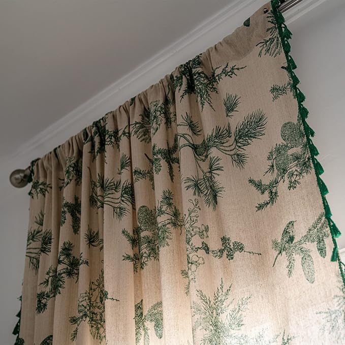 Sutuo Home Boho Curtain 84 Inches Length for Bedroom, Printed Cotton Linen Rod Pocket Semi Blackout Farmhouse Bohemian Tassels Window Treatment for Living Room, 1 Panel 59" W x 84" L, Green Forest