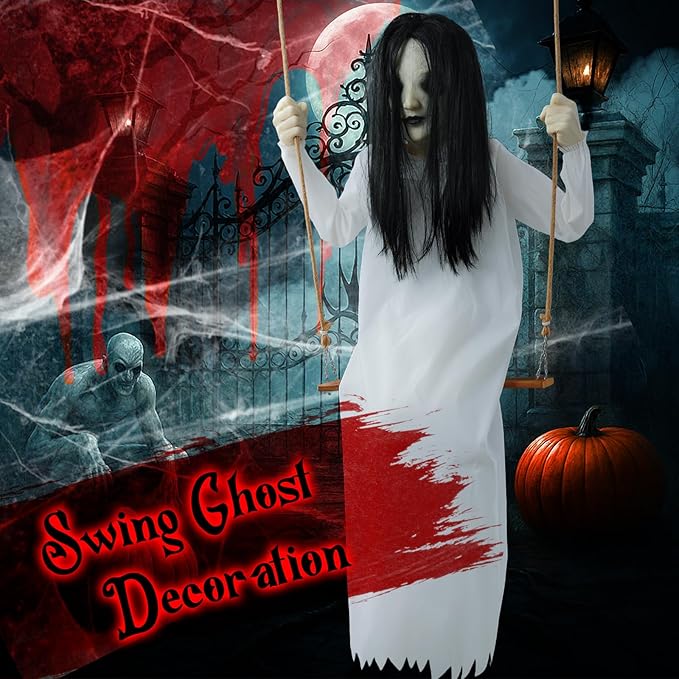 Halloween Decorations Outdoor Indoor Haunted Swinging Girl, Scary Ghost on Swing for Yard Porch, Creepy Motion Easy to Hang