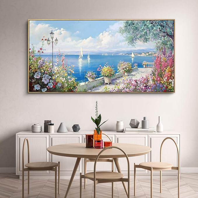 XLSJERST Large Coastal Wall Art - Ocean Seascape Canvas Yellow Green Flowers Painting Landscape Sailboat Picture Artwork Modern Large Framed for Living Room Bedroom Home Office Decor 58x29 Inches