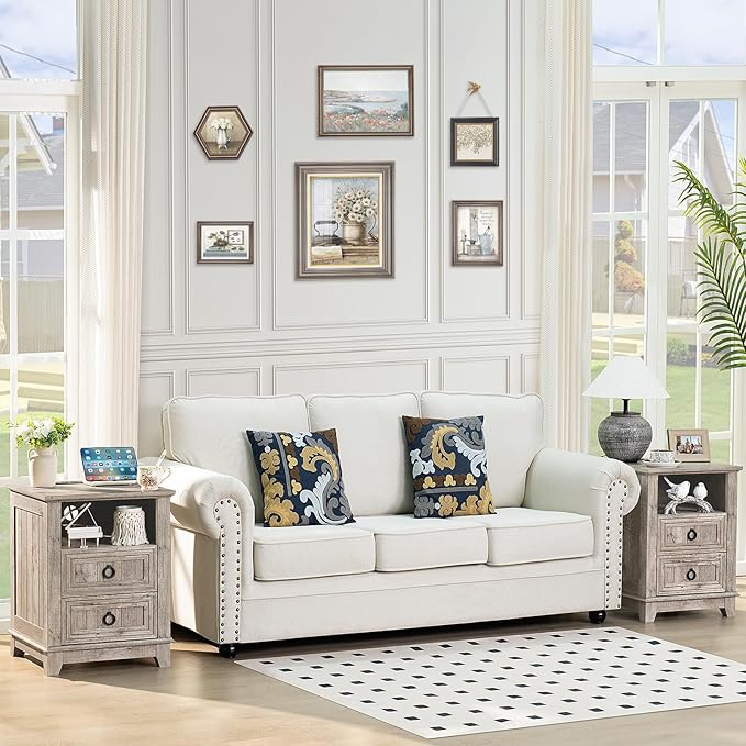 18" Farmhouse Night Stands Set of 2 with Charging Station, 2 Drawers End Table Dresser for Bedroom, Oak Wooden Nightstand, Bed Side Table with Open Shelf, Bedside Cabinet for Living Room