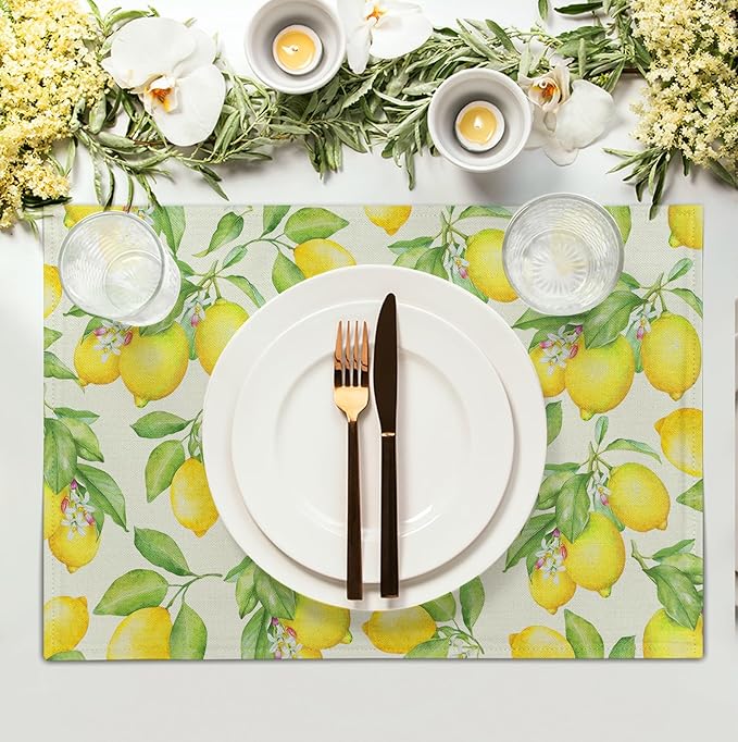 Lemon Placemats Set of 4 Summer Yellow Fruit Green Leaf Floral Linen Table Mat Rustic Farmhouse Spring Heat Resistant Non Slip Washable Place Mats for Dining Kitchen Party Decor