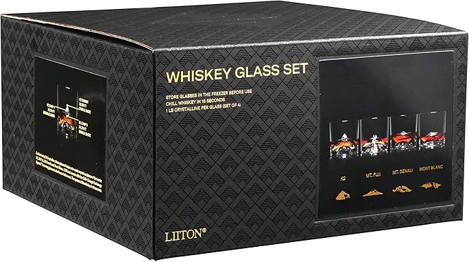 The Peaks Heavy Crystal Whiskey Glasses Gift Set of 4, Thick Freezable Bourbon Glass 1lb Each, Premium Whiskey Gifts for Men, Frozen Crystal Chills Cocktails, 10 oz