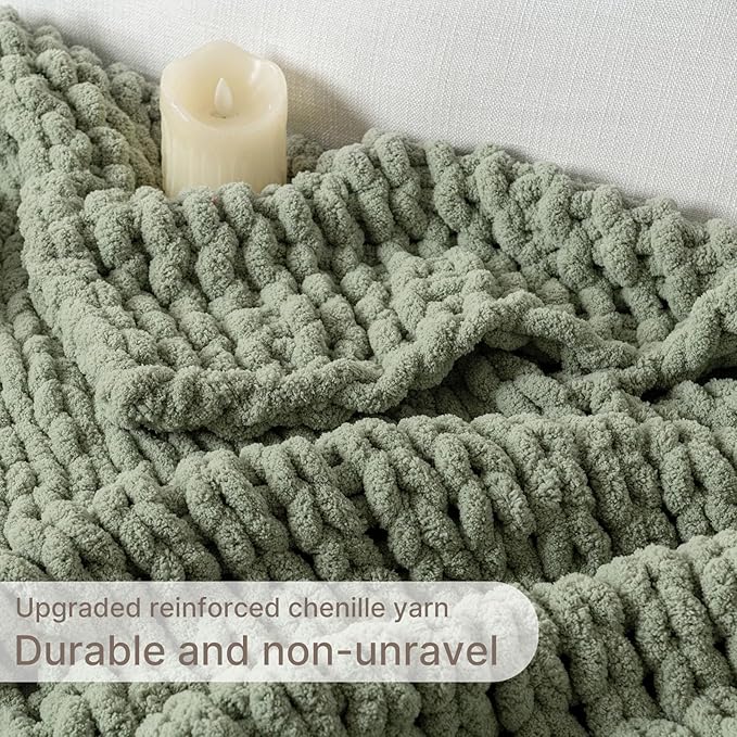 Chunky Knit Blanket Throw, 100% Hand Knit Throw Blanket Handmade Chenille Cable Knit Throw for Couch, Stylish Cozy Soft Rope Knot Crochet Blanket for Home Decor, Sage Green, 50x60 Inches