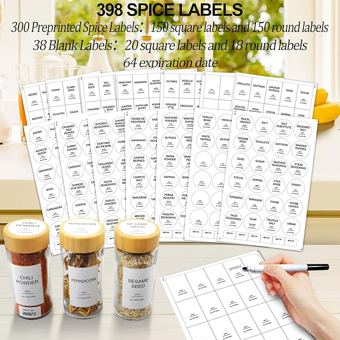 AISIPRIN Glass Spice Jars with 398 Labels-4oz 24 Pcs,Round Seasoning Jars with Bamboo Airtight Lids,Spice Container Set -Shaker Lids, Funnel,Brush and Marker Included