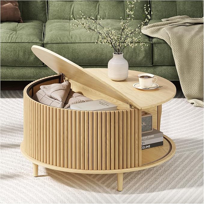 Round Coffee Table with Storage,Mid Century Modern Dining Table with Sliding Cabinet Door for Living Room,Home Small Space,31.5" Small Center Table,Oak