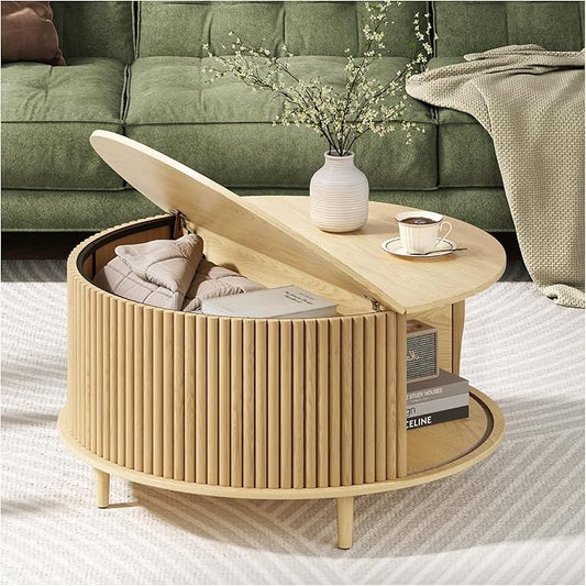 Round Coffee Table with Storage,Mid Century Modern Dining Table with Sliding Cabinet Door for Living Room,Home Small Space,31.5" Small Center Table,Oak