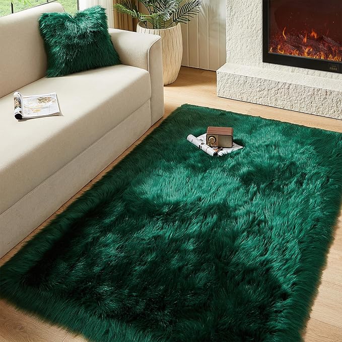AMTOVO Faux Fur Sheepskin Rug for Living Room, 4 x 6 ft Dark Green Fluffy Area Rug for Bedroom, Playroom, Luxury Room Decor, Rectangle