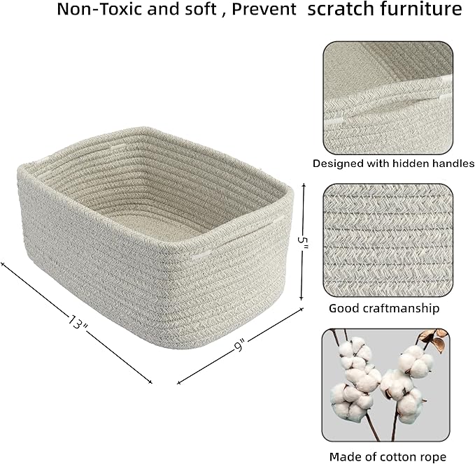 Small Woven Storage Baskets 13“X9”X5“ Decorative Rope Bins for Organizing Shelves, Closets, and Toys, Empty Gift Baskets, Cute Organizer Basket for Home and Office (grey, Large)