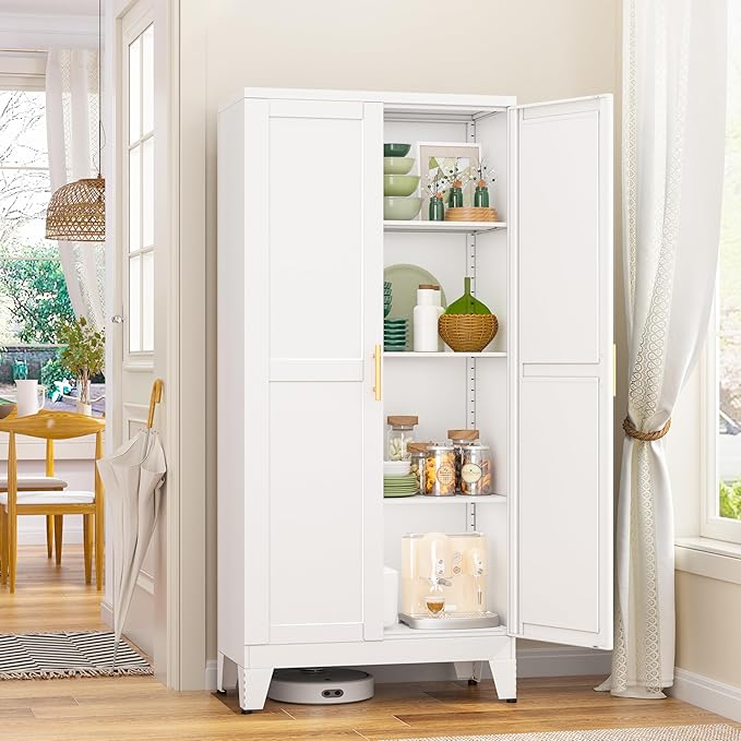 Metal Pantry Cabinet, Kitchen Pantry Storage Cabinets with 2 Door and 3 Adjustable Shelves, White Kitchen Pantry Cabinet, Freestanding Cupboard for Dining Room Living Room Bathroom