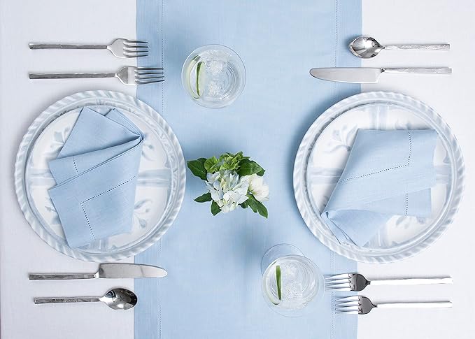Solino Home Linen Sky Blue Table Runner 36 Inches - Classic Hemstitch, 100% Pure Linen Coffee Table Runner 14 x 36 Inch Ideal for Dresser Tables