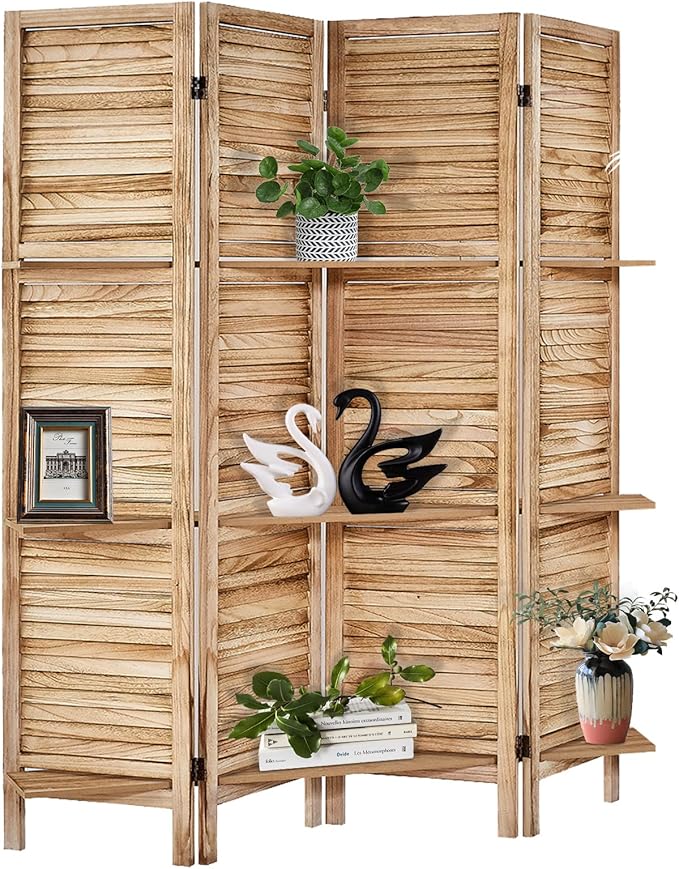 Room Divider with Shelves, Privacy Screen, Room Dividers and Folding Privacy Screens, 4 Panel Wood Temporary Wall Partition Separation Separator, Natural