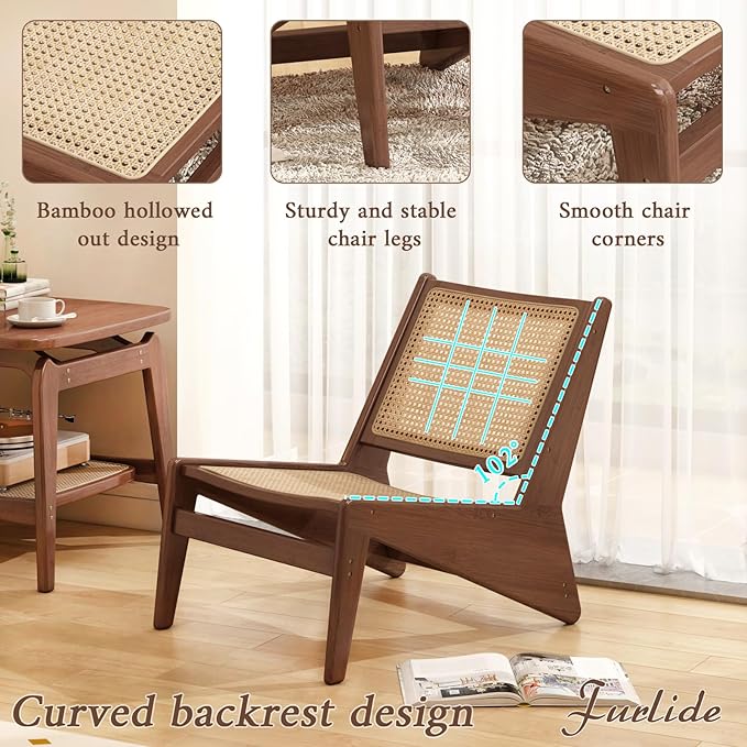 Mid-Century Accent Chair, Rattan Lounge Chair for Living Room, Boho Side Corner Comfy Chair for Bedroom and Balcony, Walnut