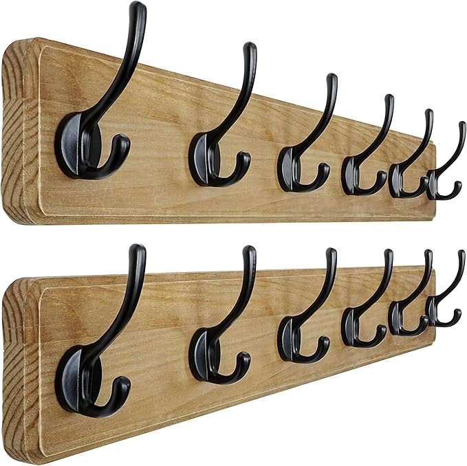 Dseap Wall Mounted Coat Rack: 24" Long, Patented, Heavy-Duty, 6-Double-Hooks Wooden Hanger Rail for Winter Coats, Hat, Jacket, Clothing - Weathered Brown, Pack of 2