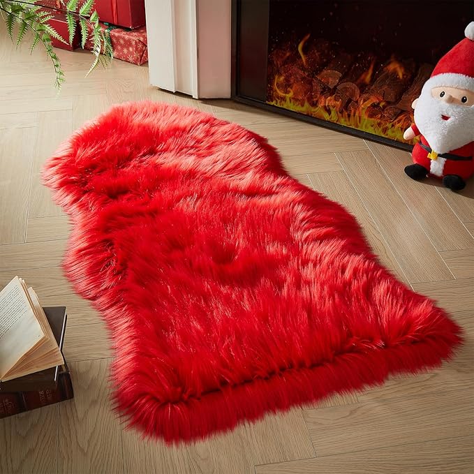 AMTOVO Faux Fur Rug, Red Area Rug, Fluffy Sheepskin Rug, Fuzzy Ultra Soft 2 x 4 ft Shag Rugs for Bedroom Sofa Throw Cushion Room Decor, Sheepskin