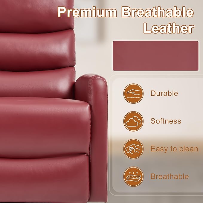 Manual Swivel Rocker Recliner Chair for Adults, Overstuffed Reclining Glider Chair for Nursing with Vibration Massage & Heat, Living Room Rocking Recliner 3-Stage backrest, Faux Leather Red