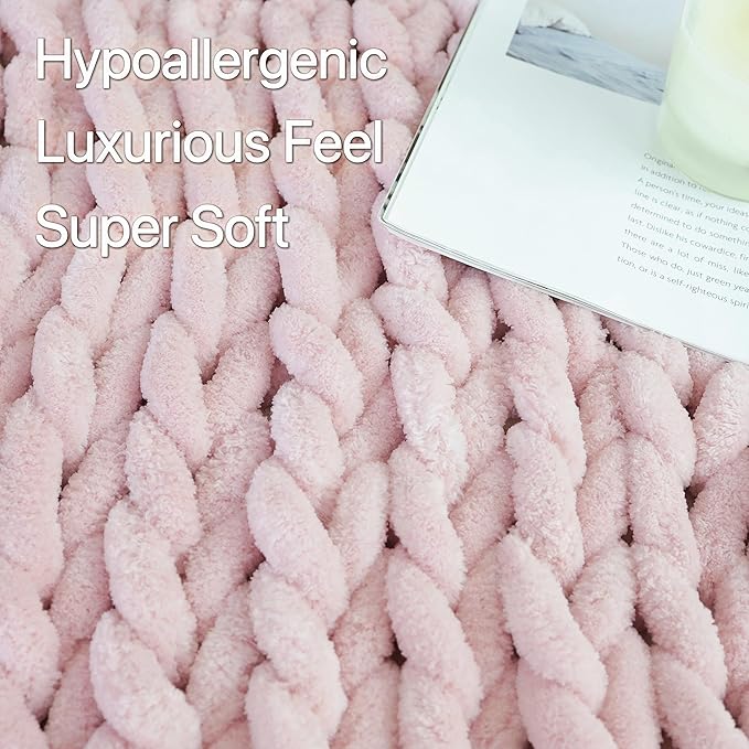 Maetoow Chenille Chunky Knit Blanket Throw （60×80 Inch）, Handmade Warm & Cozy Blanket Couch, Bed, Home Decor, Soft Breathable Fleece Banket, Christmas Thick and Giant Yarn Throws, Light Pink