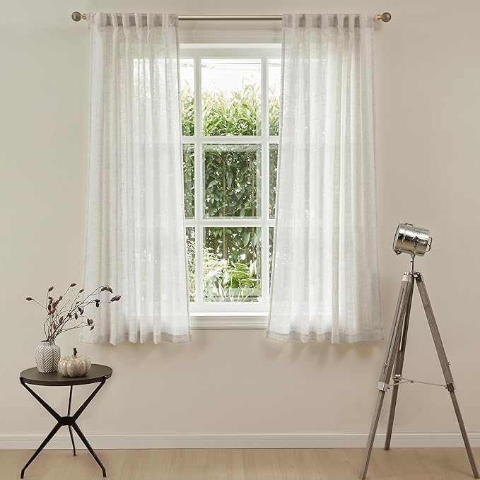 MYSKY HOME Kitchen Window Curtains Half Sheer Drapes 45 Inches Long, Boho Farmhouse Style Linen Polyester Blend Fabric, Decorative Texture for Bathroom/Closet/Cafe, 50" x 45", Linen, 2 Pieces
