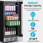 15 Inch Beverage Refrigerator Under Counter - 126 Cans Beverage Fridge with Glass Door for Beer Wine Soda - Built-in or Freestanding Wine Cooler with Safety Lock for Home Kitchen Bar