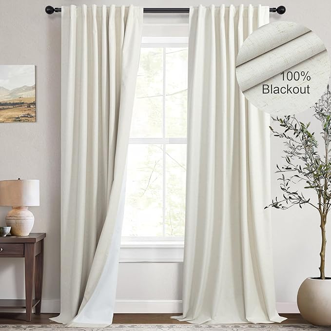 Total Blackout Linen Pleated Curtains with White Backing Back Tab Viral Weather Thermal Insulated Custom Length Curtain for Dining Room Kids Bedroom Noise Cancelling Cream Drape 102 Inch Long 2 Panel