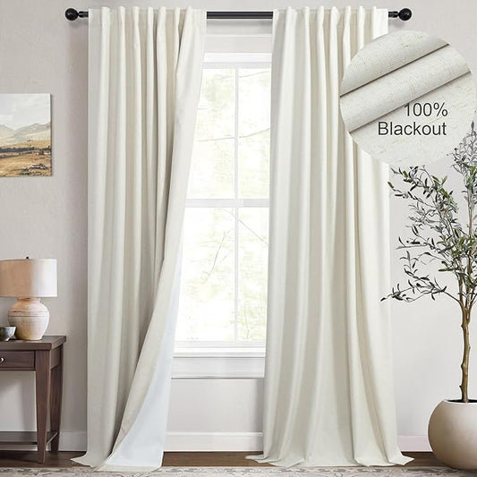 Total Blackout Linen Curtains 108 Inch Length 2 Panels Set for Bedroom Heat Cold Light Blocking Noise Reduction Cotton Linen Drape 9ft Long Floor to Ceiling Patio Sliding Door Curtain Cream White Back