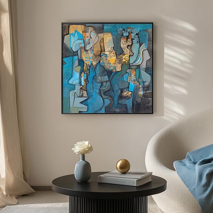 Large Framed Blue Modern Abstract Wall Art for Living Room, Canvas Paintings Artwork for Walls, Minimalist Art Prints Pictures for Hallway Bedroom Office Wall Decor -30x30 Inch